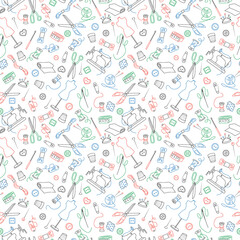 Fototapeta na wymiar Seamless pattern on the theme of needlework and sewing , simple outline icons ,colored markers on white background
