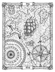 Ship card from the oracle Old Marine Lenormand deck with old sailboat and compass. Nautical vintage background, coloring book page, t-shirt and tattoo vector graphic, pirate adventures concept.