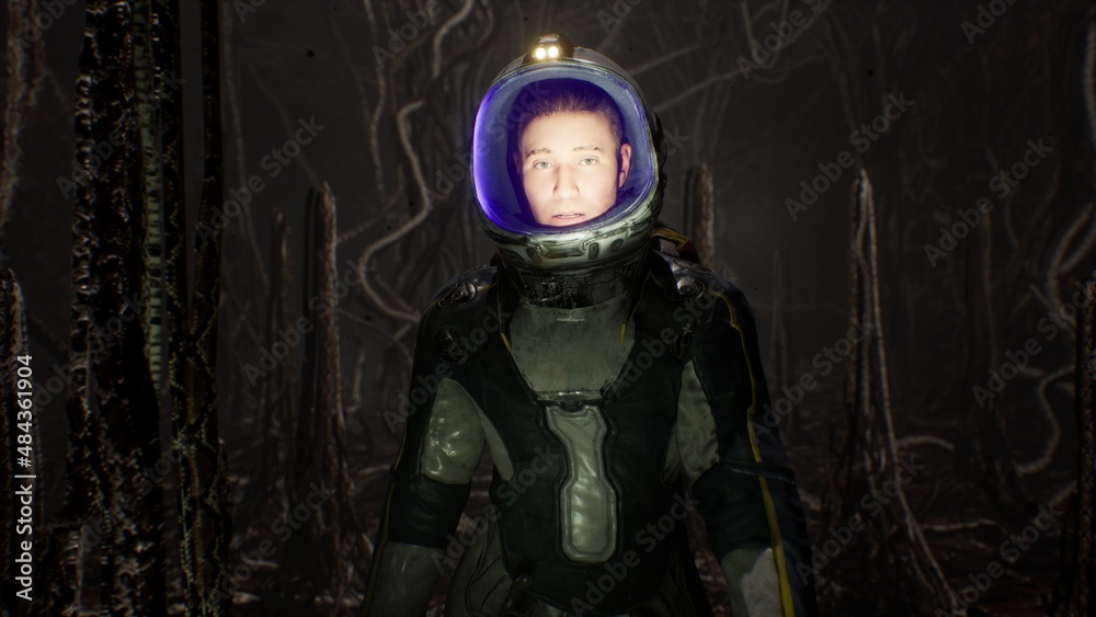 Wall mural an astronaut walks through a creepy alien cave inhabited by nightmarish creatures. the concept of co