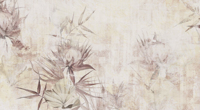 retro textured tiled background with a shabby texture, which depicts worn art flowers and leaves, wall murals for the interior © Виктория Лысенко