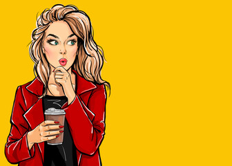 Thinking Pop Art woman with coffee cup. Advertising poster or party invitation with sexy girl with amazed face in comic style. - 484362312