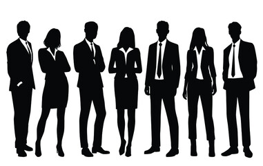 Vector silhouettes of  men and a women, a group of standing  business people, black and white color isolated on white background