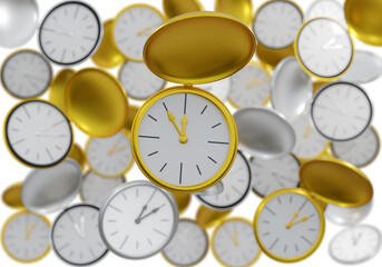 Thema Zeit: goldene und Silberne Uhren. Eine scharf im Vordergrund mit der Uhrzeit 11.55 und viele unscharfe im Hintergrund alle mit der Zeit 12.05. 3d Rendering - obrazy, fototapety, plakaty