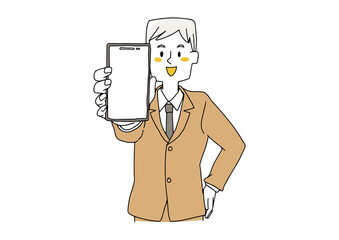 スマホの画面をコチラに見せている男性　コミカルな手書きの人物　ベクター、線画にシンプルな色つけ　