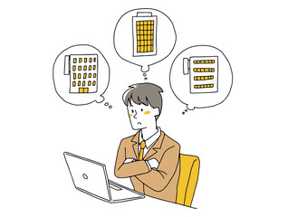 パソコンを見ながら転職先について考えている男性 コミカルな手書きの人物