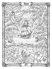 Stars card from the oracle Old Marine Lenormand deck with the ship and unknown island. Nautical vintage background, coloring book page, t-shirt and tattoo vector graphic, pirate adventures concept.