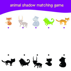 Matching shadow game for Preschool Children. Educational printable worksheet. Vector illustration in cartoon style. Matching the images with the shadow for motoric movements.