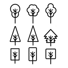 Isolated black and white color trees in lineart style set, forest, park and garden tree flat signs collection. tree flat licon.