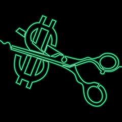 Continuous line Scissors cutting money neon concept