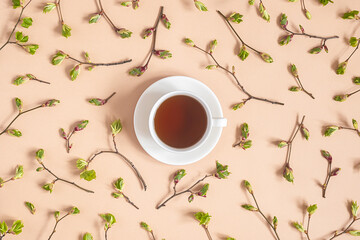 Obraz na płótnie Canvas Branches with spring tree buds, young leaves and cup of tea on beige background. Spring concept. Top view Flat lay