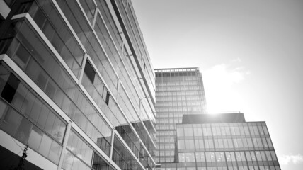 View of an modern apartment building standing next to a new modern office building with a glass facade. Black and white.