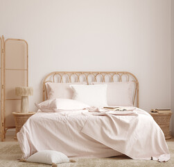 Home mockup, Coastal boho bedroom interior background with rattan furniture in light pastel pink colors, 3d render
