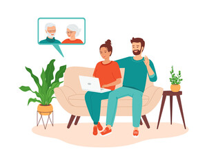 Young couple talking on a video call with elderly parents. Concept of remote family online meetings with senior using computer. Flat vector illustration isolated on white
