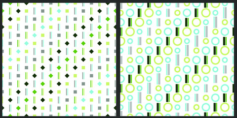 Vector seamless pattern. Geometric shapes circles, stripes, and squares in pastel blue and green colors on a white isolated background