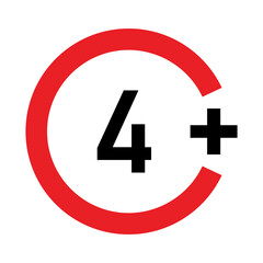 4 plus sign. Four. Age restrictions, censorship and parental control. Icon for content, movies, food, juice and toys.