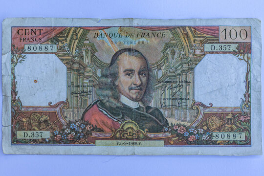 Money Inflation Banquet de France One Hundred Franc Paper Note 1968 Front and back of legal tender.