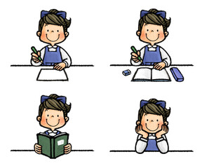 机と女の子（絵を描く、勉強する、本を読む、頬杖をつく）