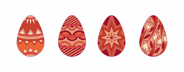 Set of traditional colored easter eggs. Folk ornament style vector illustration. Spring seasonal traditional Christianity holiday.