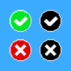 Check mark and cross symbols in pixel art style