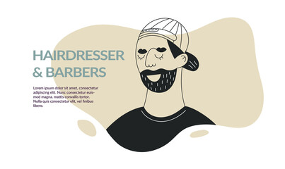 Beard face doodle man avatar with mustache and trendy haircut. Barbershop template, barber flyer or card design. Black and white character flat vector illustration. Fashion bearded man face portrait