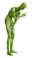 3D Rendering Green Alien on White