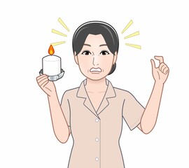 防災用ロウソクを持ったおばさん
