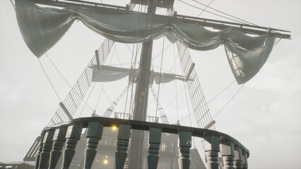A pirate ship in the middle of an endless ocean. The concept of maritime adventure in the Middle Ages. 3D Rendering © designprojects