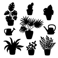 Black silhouettes of potted houseplants