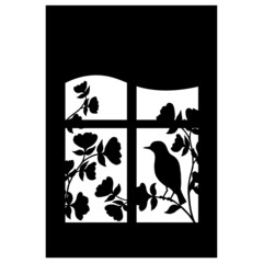 The silhouette of a bird on a branch in the window