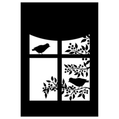 The silhouette of a songbird on a branch in the window