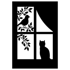 The silhouette of a window and a songbird on a flowering branch in spring and a cat