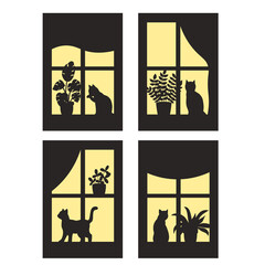 A set of silhouettes of a window with cats