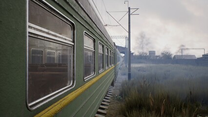 An empty, gloomy train travelling nowhere past an abandoned village. The concept of a post-apocalypse and abandoned towns. The image is ideal for apocalyptic or transport backgrounds. 3D Rendering - obrazy, fototapety, plakaty