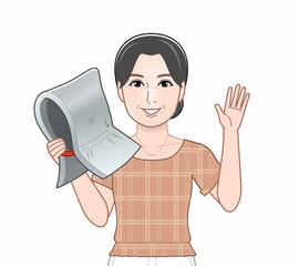 防災頭巾を持った女性