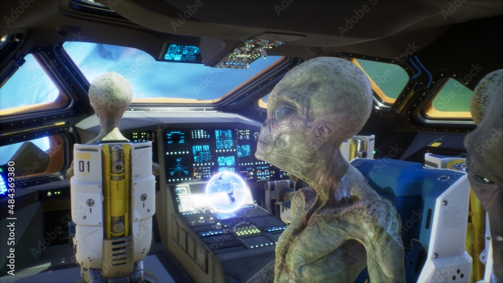 Poster aliens fly through a wormhole in an uncharted part of the universe in their sci-fi spaceship. the co