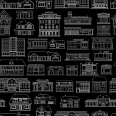 Seamless vector pattern with black and white buildings on a light gray background.	