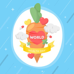 World Health Day. Carrot surrounded by hearts and medical supplies on a blue background.