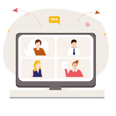 Colleagues talk to each other on the laptop screen. People connecting, learning or meeting online  video conference remote working on laptop computer, work from home concept. Flat illustration