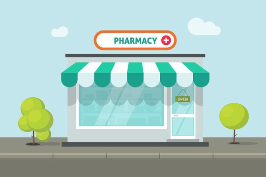 Pharmacy store building vector or small medical pharmacist storefront shop facade window on street road flat cartoon illustration, drugstore front exterior shopfront exterior