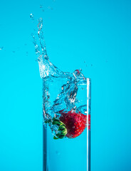 Fresh strawberry dropped into blue water with splash