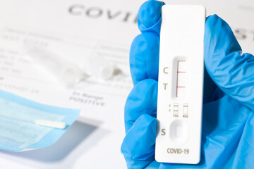 Positive test result using the COVID-19 rapid testing device, antibody sample to the patient's rapid swab serology. © Marina