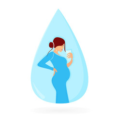 beautiful pregnant girl drinks water from a glass standing in a drop.Healthy pregnancy and Healthy lifestyle. Vector illustration on a white background