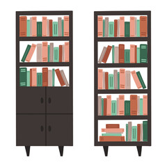 Cartoon set of bookcases with a lot of books. Furniture for living room interior in boho style. Hand drawn vector illustration in beige and green colors. Retro home inside. Cozy domestic apartment.