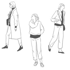 秋冬のファッション、おしゃれな女性のベクター線画