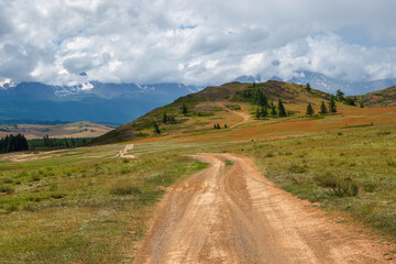 Summer path through mountains. Trekking mountain trail. Atmospheric rural minimalist alpine landscape with stony footpath among grasses in highlands. Pathway uphill. Rainy season.
