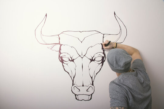 The artist paints a bull on the wall. A man decorates a wall