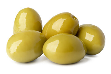 Pile of green olives on white background
