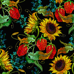 Strawberry plant with leaves, yellow sunflowers flowers and meadow herbs. Summer garden art. Embroidery style. Seamless pattern. Fashion template for clothes, textiles and t-shirt design - 484371358
