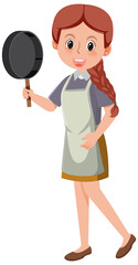 A woman holding a pan wearing apron cartoon character on white background