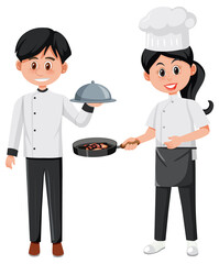 Chef and waiter cartoon character on white background